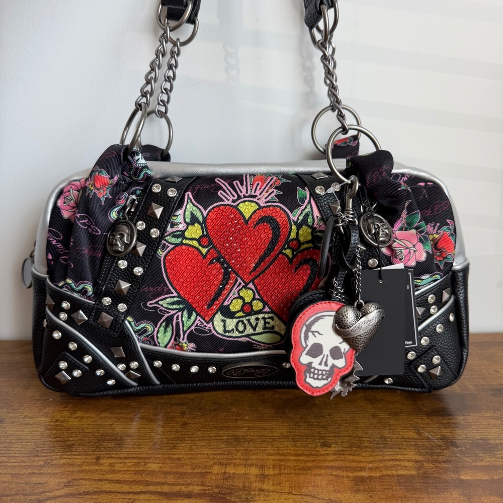 New Ed Hardy Black Shoulder Satchel Handbag Skull Y2K Gothic Charms Heart
